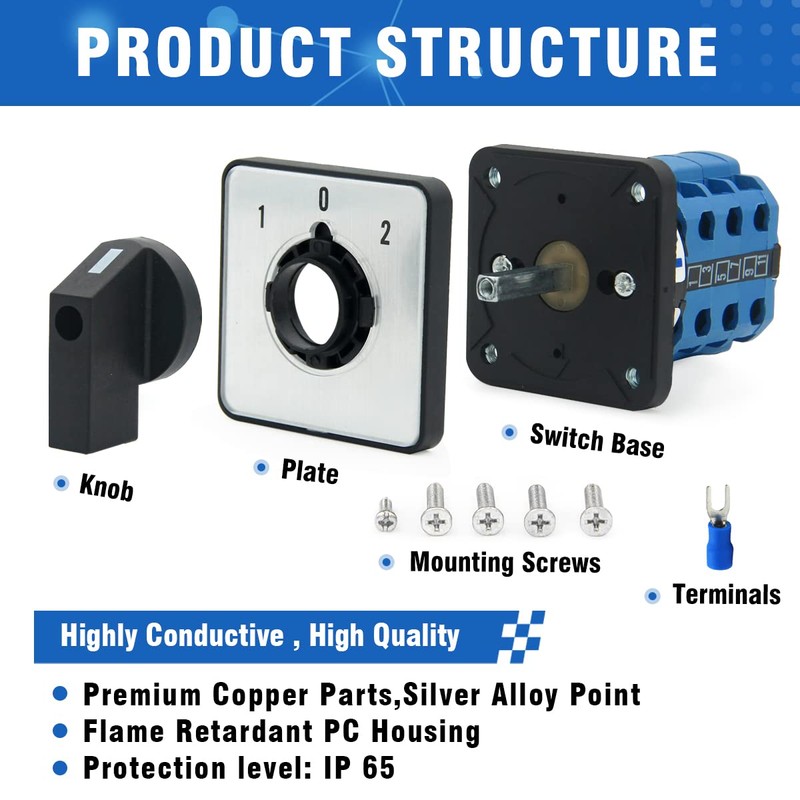 KEYMOO 20A Rotary Changeover Switch, 2-Way 3NO 3NC 660V 3