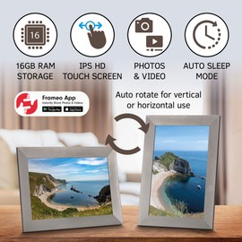 Grouptronics Gallery10 Easy To Use Wi-Fi Digital Photo Frame – 10 Inch, Send Photo or Video Via Free Phone App - Touch Screen, Auto Sleep & Rotate, Bendy Stand, Landscape or Portrait, 16GB - Silver