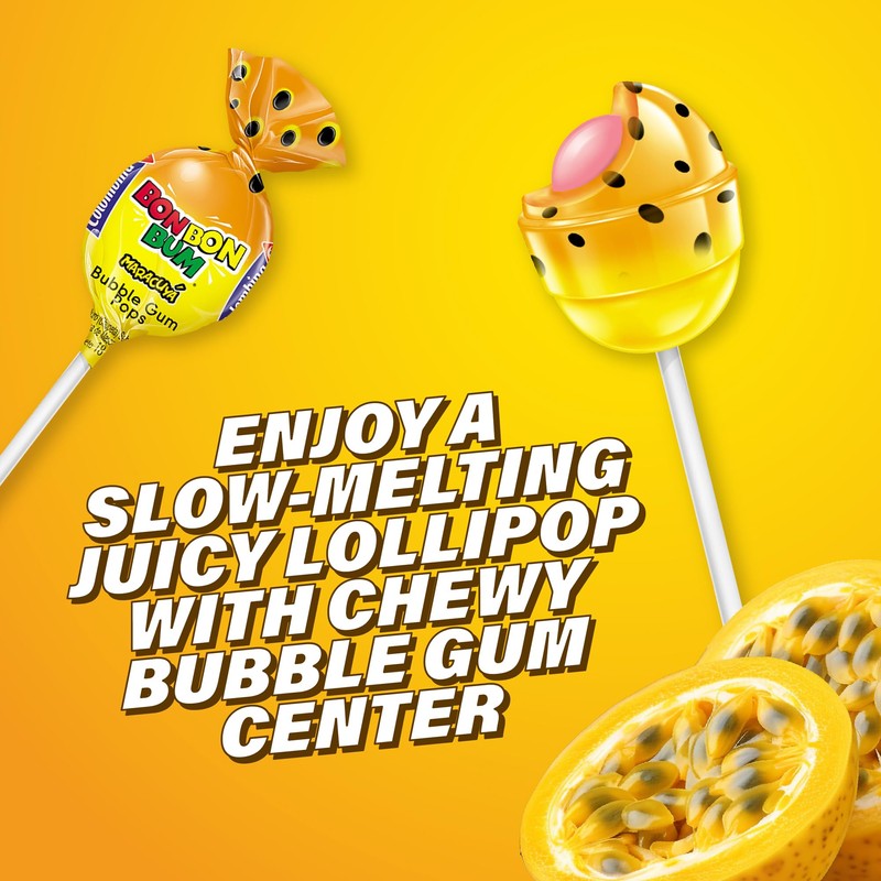 Colombina Bon Bon Bum Lollipops Tropical Passion Fruit Flavor, 48
