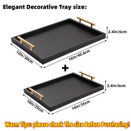 JUMBO HUMBLE Modern Elegant Large Wood Serving Tray, Set of 2 Black Crocodile Leather with Gold Polished Metal Handles, Home Decorative Rectangle Ottoman Decor Platter Living Room Bathroom Vanity Tray