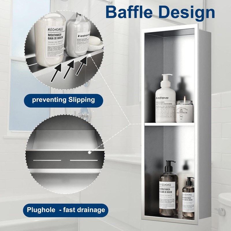 Neodrain Shower Niche Double Shelf Stainless Steel No Tile Needed