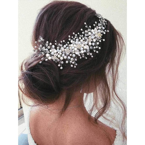Vakkery Bridal Pearl Hair Comb Bride Silver Flower Hair Slides Headpieces Prom Wedding Hair Accessories for Women and Girls