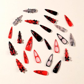 Long Press on Nails Stiletto Fake Nails Red Black French Tip False Nails Glossy Glue on Nails with 3D Bow Design Acrylic Nails Press ons Full Cover Stick on Nails for Women Manicure 24Pcs