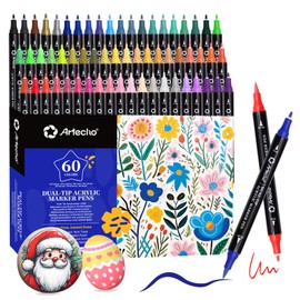 Artecho Acrylic Paint Markers 60 Colors, Acrylic Paint Pens with Brush Tip and Fine Tip for Stone, Rock Painting, Paper, Pumpkin, Wood, Egg, Canvas, Ceramic, Fabric, leather, Glass, DIY Crafts