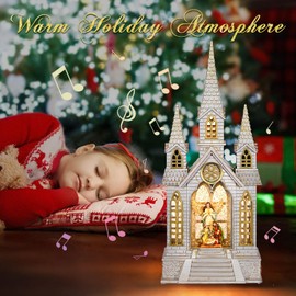 Church Snow Globe Lighted,Christmas Snow Lantern,Angel Holy Family Nativity Christmas Eve Glitter Snow Globe with Musical,Christian Decorations Indoor,Two Power Modes of Church Snow Globes