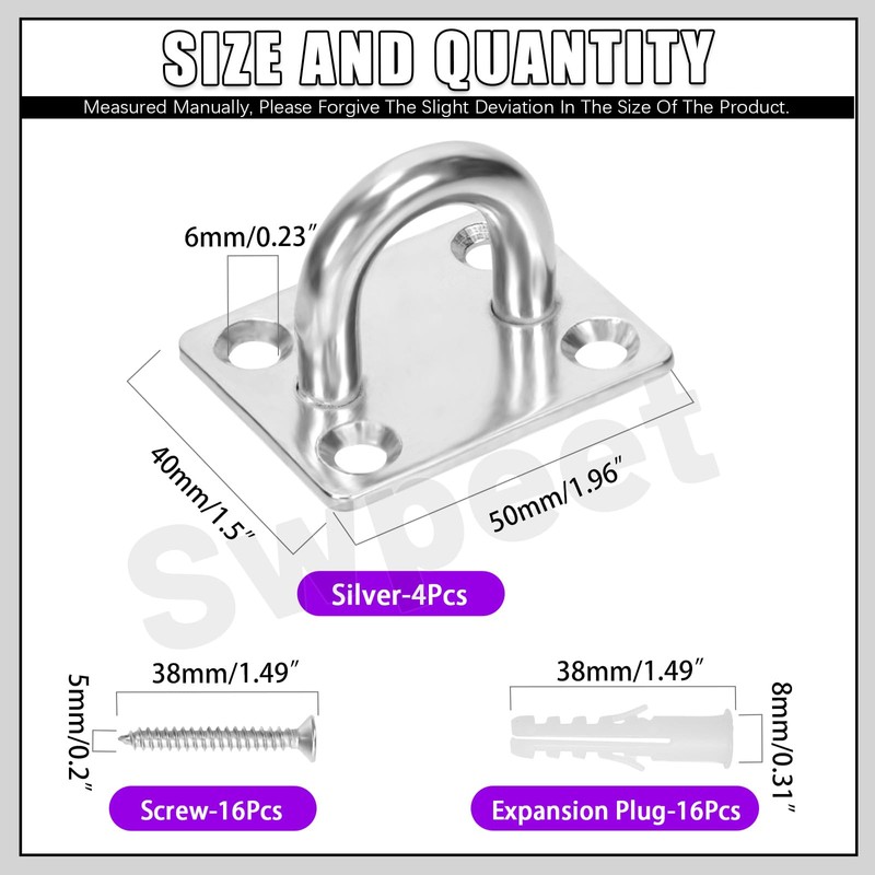 Swpeet 4pcs M8 304 Stainless Steel Silver Square Pad Eye