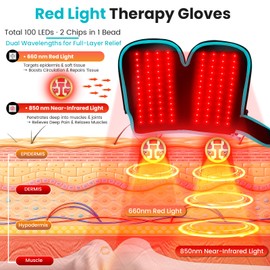 Red Light Therapy Gloves for Hands, 100LEDs Red & Near-Infrared, Dual Wavelength 660nm & 850nm, 5 Modes, Wireless, Rechargeable 5000mAh Battery, for Hand & Wrist Treatment