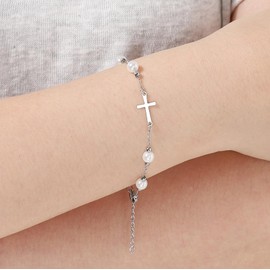 MILAKOO Catholic Rosary Beads Bracelet for Women Fisrt Confirmation Jewelry Gifts Pearl Beaded Bracelet, Silver