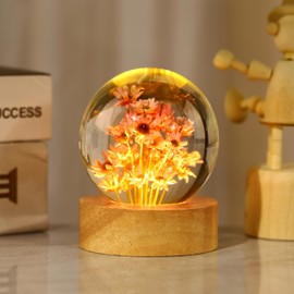 JFTOSALE Red Daisy Decorative Ball Night Light - 2.4 Inch Eternal Flower Paperweight Resin Orb Lamp with Wooden Base for Home Decor Bedroom Gift (Warm Light)