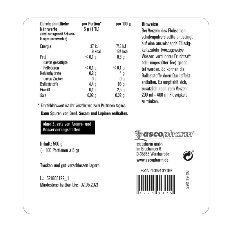 Indian psyllium husks, finely ground for high-fibre diet, food, 500