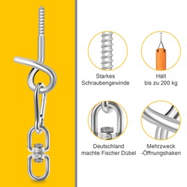 Poprkdre (Set of 2 Ceiling Hooks for Hanging Chair Hanging, Durable Ceiling Hook Set with Carabiner + Swivel + Fischer Dowels, Maximum Load 200 kg