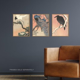 Artery8 Pack of 3 A4 Ohara Koson Japan Kachō-e Bird and Flower Crow Crane Peacock Japanese Paintings Unframed Wall Art Living Room Prints Set