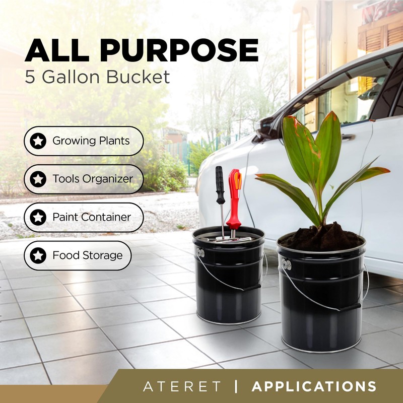 ATERET 5 Gallon Black Metal Bucket & Lever Lock Pail