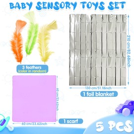 5 Pieces Baby Sensory Toys, Sensory Scarf Feathers and Foil Blanket Set, Sensory Play for Babies Newborn Infants and Toddlers Color Recognition Christening Shower Gift Presents Party Supplies-Pink