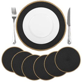 comfoyar Black Round Braided Placemats Set of 6, 14.2x14.2 Inch Non-Slip Place Mats, Washable Heat Resistant Table Mats for Indoor Kitchen Dining Party Table Decoration