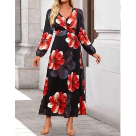 ZESICA Fall Floral Dresses for Women 2025 Elegant Long Sleeve V Neck Mesh Cocktail Wedding Party Maxi Dress Black S