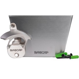 MAGCAP Magnetic Wall Mounted Bar - Style Bottle Opener and Bottle Cap Catcher Set for Beer and Sodas - Stylish, Easy to Install and Effortless to Use - Collects the Caps so You Don't Have to!