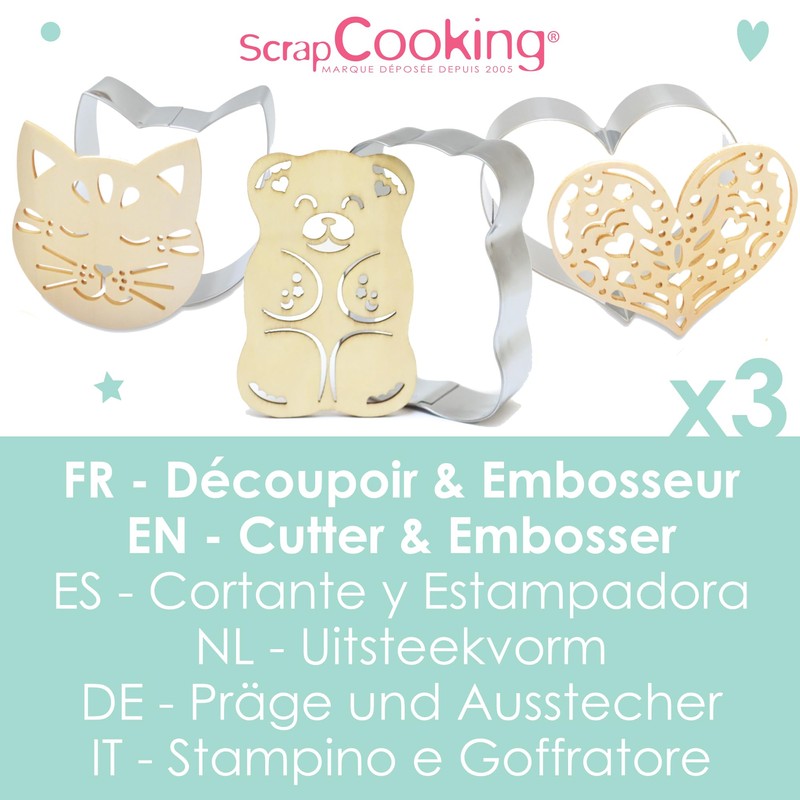 ScrapCooking Set of 3 Cookie Cutters + Wooden Embosser Cat