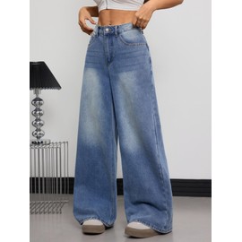 OYICAI Womens Baggy Jeans Wide Leg Denim Pants Y2k 90s Vintage Hip Hop Loose Long Trousers Streetwear High Waist Retro Casual 2000s Oversized Extreme Motion Jinco Skater,J34 Blue,Small