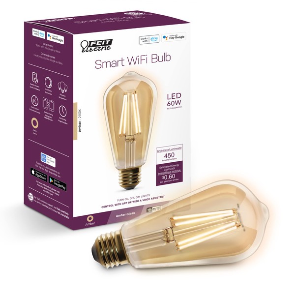 Feit Electric ST1960/FIL/AG 60 Watt Equivalent WiFi Dimmable, No Hub Required, Alexa or Google Assistant ST19 Edison Vintage LED Smart Light Bulb, Yellow, 5.4" H x 2.5" D, 2100K Amber