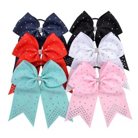 Xansema 7 Inches Rhinestone Hair Bows Elastic Hair Tie Ribbon Large Cheer Bow Ponytail Holder Hair Band for Women Girls Kids Teens (Pink)