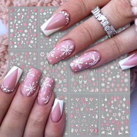 Christmas Pink Nail Art Sticker Decals 3D Self-Adhesive Pink Snowflake Elk Design Nail Decals Snowman Lamp Ball Pattern Self-Adhesive Nail Art Stickers Nail Art Supplies Decoration for Women Manicure