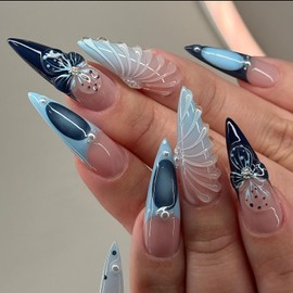 Stiletto Press on Nails Long Almond Fake Nails Blue French Tip Press ons Summer False Nails with 3D Texture Pearl Flower Glue on Nails Gradient Artificial Stick on Nails for Women Nail Supplies 24Pcs
