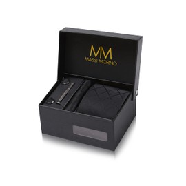 Massi Morino Tie and Pocket Square Set Men incl. Cufflinks, Tie Pin and Gift Box - Men's Tie Set black for Wedding