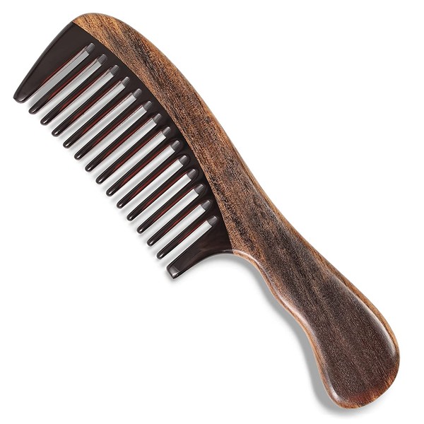 Onedor Handmade 100% Natural Chacate Preto With Buffalo Horn Fine Tooth Hair Combs - Anti-Static Sandalwood Scent Natural Hair Detangler Wooden Comb (Chacate Preto Buffalo Horn Wide Tooth)