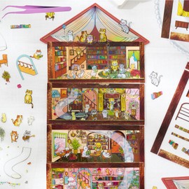 4 Sets 3D Fun Mini Cat House Scenes Stickers with Tweezers Make Your Own Reading Entertainment Tea Music Room Stickers Scenes Cute Micro Room Craft Stickers for Relief Stress Pass The Time