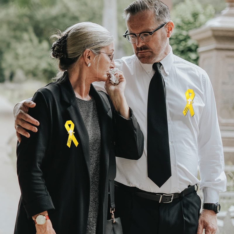 50 Pcs Memorial Funeral Ribbon with Cross Pins, Yellow