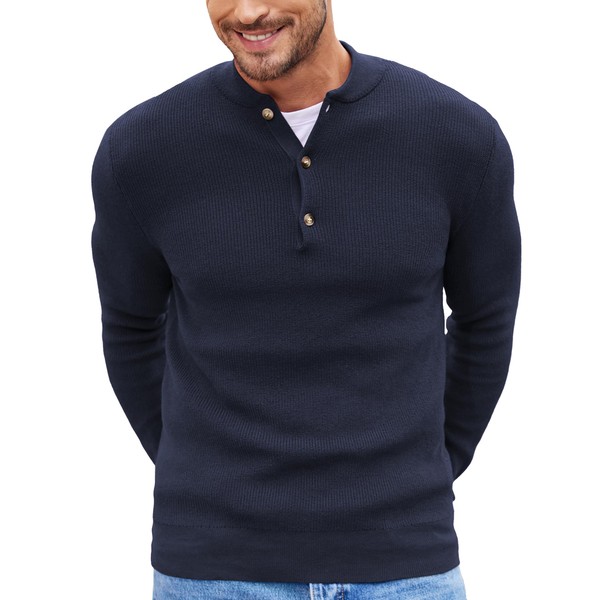 COOFANDY - Suéter de punto Henley para hombre, de manga larga, con botones, suéter casual, Azul marino, Large