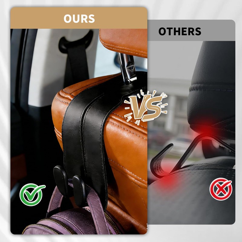 4 Pack Headrest Hooks for Car, Leather Car Seat Back