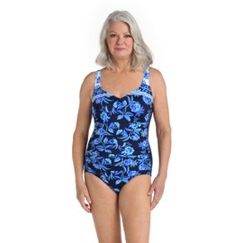 Maxine Of Hollywood Women's Standard Side Shirred Girl Leg One Piece Swimsuit, Indigo//Shibori Vines