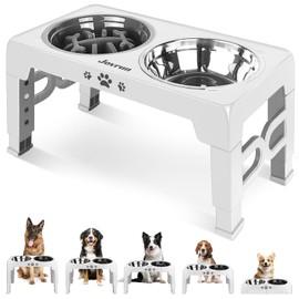 Jovrun Elevated Dog Bowls, Dog Feeder with Stainless Steel Dishes & Slow Feeder Bowl, 5 Heights Adjustable Raised Stand for Medium Large, Food Dishes with Non-Slip Feet