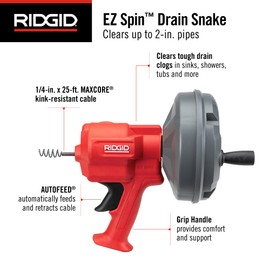 RIDGID 80168 EZ Spin™ Drain Snake for Tubs, Showers, and Sinks, Drain Cleaner with AUTOFEED, MAXCORE Cable