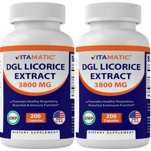 Vitamatic 2 Pack DGL Licorice 10:1 Extract 380 mg (3800mg Equivalent of Licorice Root) - 10X Stronger - Supports Healthy Digestive & Respiratory Functions - 200 Capsules