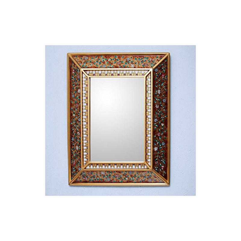 NOVICA Flowers On Gold Cedar Mirror