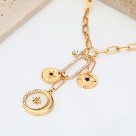 BONJOULRY Charm Necklace for Women Gold Sun Moon Pearl Shell Coin Evil Eye Charms Pendent Necklace Chunky Paperclip Necklace Celestial Jewelry Shell