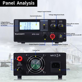 Universal Compact Bench Power Supply- 30 Amp Regulated Home Lab Benchtop AC-to-DC Converter 13.8 Volt/9-15Volt, Cooling Fan, Screw Type Terminals - Jesverty SPS-1332