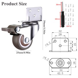 8Pcs L-Shaped Caster Wheels with Brake, 360 Degree Ball Bearing Swivel Casters, 1" TPR Rubber Side Mount Casters with Screw, Light Duty Casters Wheels for Furniture, Baby Beds, Cabinets, Tables