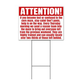 Attention Funny Corn Maze (18" x 24") Yard Sign, Quantity Discounts, Multi-Packs, Includes Metal Step Stake, Bandit, New, Advertising, USA