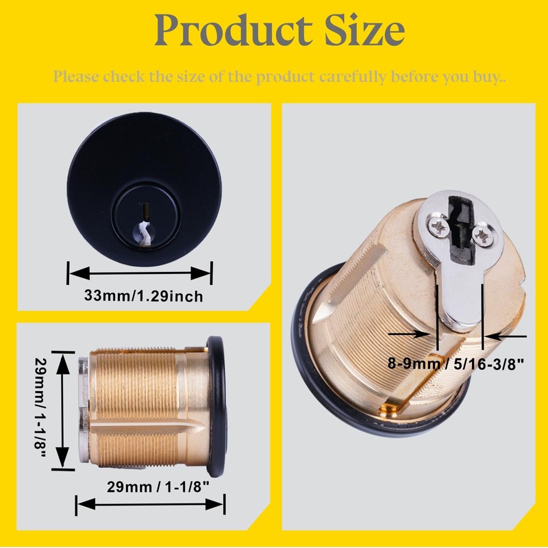 2 Pack Brass Mortise Door Cylinder Lock, 1 1/8" Inch
