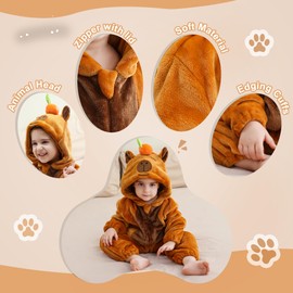 COOKY.D Flannel Animal Baby Romper Animal Hood Jumpsuit Unisex Toddlers Cartoon Playsuits Infant Outfit,Capybara 6-12 Months