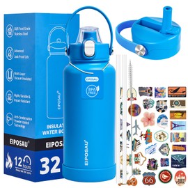 Insulated Water Bottle with Lid & Boot & Stickers, 32 oz Stainless Steel Sweat Free Bottle Keep Cold 24H, BPA-Free Sports Wide Mouth Water Bottle, Blue