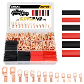 Sanuke 260pcs Copper Wire Lugs Connectors Kit AWG 12 10 8 6 4 2 with Heat Shrink, 120pcs Battery Cable Lugs Ends Ring Terminals Connectors and 140pcs Heat Shrink Tubing