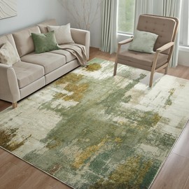 Area Rug Living Room Rug, 4x6 Modern Abstract Washable Rug Green Rug Non Slip Foldable Faux Wool Vintage Carpet, Fluffy Non-Shedding Rug for Living Room, Bedroom, Dining Room, Kids Playroom
