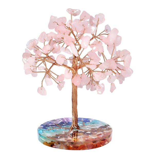 mookaitedecor Natural Crystal Money Tree Figurine with 7 Chakra Stones Resin Base Lucky Charm Tree Ornaments for Home Office Height 10.2-11.7 cm Rose Quartz
