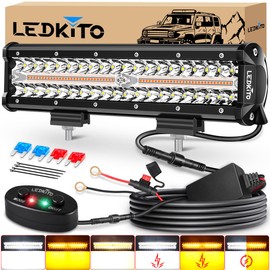 LEDKITO 12In LED Light Bar Kit Amber White 6Mode Strobe Spot Flood Combo Triple Row Dual Color OffRoad LED Driving Work Fog Flashing Lights Bar with Memory Reset Function for ATV UTV SUV Trucks Pickup