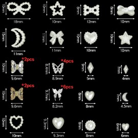 3D Multi Shapes Nail Charms Flatback Pearls Gems Mix Style beige Champagne AB Heart Butterfly Star Planet Bow Pearl Nail Charms rhinestones For Nail Art DIY Crafts Designs Decoration with Tweezers Pen